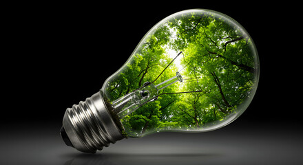a light bulb filled with lush green forest canopy, eco-friendly concept, sustainable energy, bright idea symbol