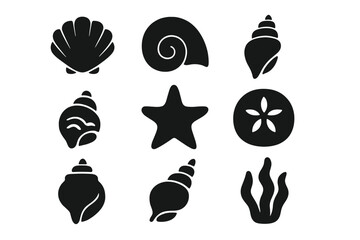 Seashell and marine life silhouette icon set. Vector collection of aquatic and ocean symbols like shell, starfish, sand dollar, and seaweed. Beach and underwater concept.