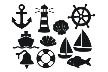 Nautical silhouette icon set with anchor lighthouse ship wheel marine symbols shell fish boat bell life preserver vector collection transparent background cartoon illustration