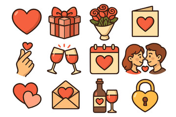 Valentine's Day icon set. Vector cartoon collection of love and romance symbols. Cute flat illustration. Includes heart, couple, gift, roses, wine, letter, calendar, lock.