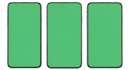 Three identical, vertically oriented, green-screened smartphones, displayed side-by-side, ready for customization.