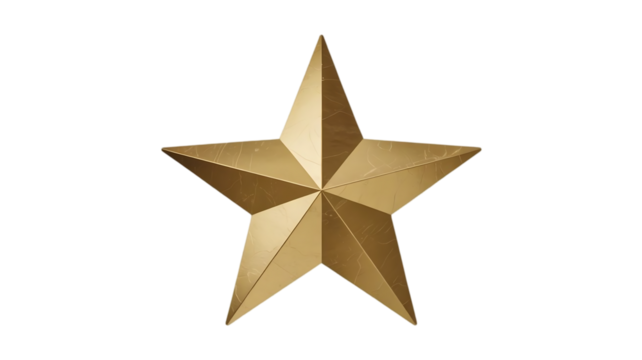 A single golden five pointed star with a metallic sheen and subtle shading isolated on transparent background