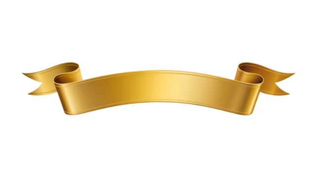Elegant golden ribbon banner with curved shape and flowing ends isolated on transparent background for design and decoration