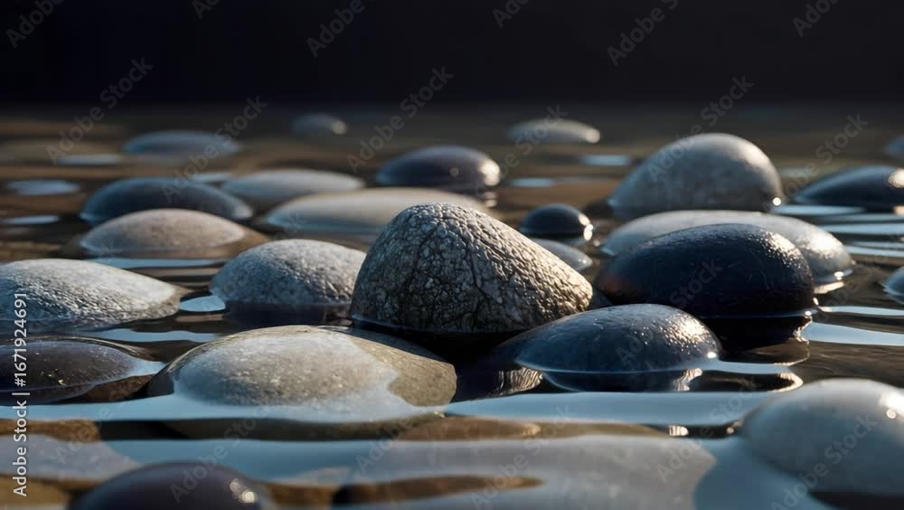 Poster smooth river stone and pebble wet shore with reflective water and soft light, smooth pebble texture 