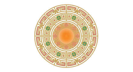 Ornate, circular design with intricate gold, peach, and green patterns.