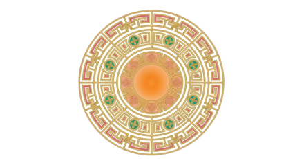 Ornate, circular design with intricate gold, peach, and green patterns.