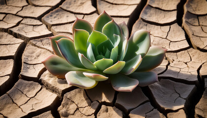 a green succulent plant grows amidst dry cracked soil highlighting resilience in a barren environment