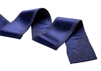 Luxurious deep indigo silk sash, intricate embroidery, gentle curve, pristine transparent background with copy space, soft studio light. Concept of high-end luxury product