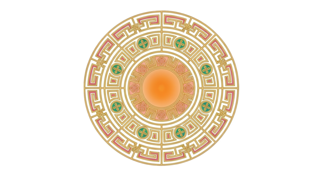 Ornate, circular design with intricate gold, peach, and green patterns. - Powered by Adobe