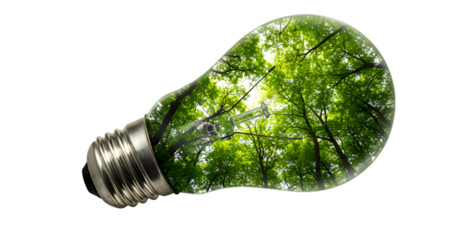 a light bulb filled with lush green forest canopy, eco-friendly concept, sustainable energy, bright idea symbol