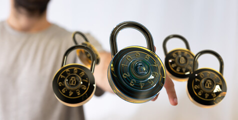 Cybersecurity concept.  Combination locks, data protection, digital safety.