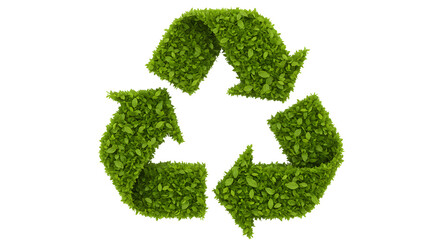 3D illustration of a recycle symbol made entirely from fresh green leaves, realistic texture
