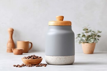 Clean, Neutral, Minimalist Product Shot with Coffee Beans and Eucalyptus, Soft Lighting