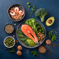 Overhead view of salmon steak with shrimp beans broccoli avocado nuts and lentils on dark blue background 1
