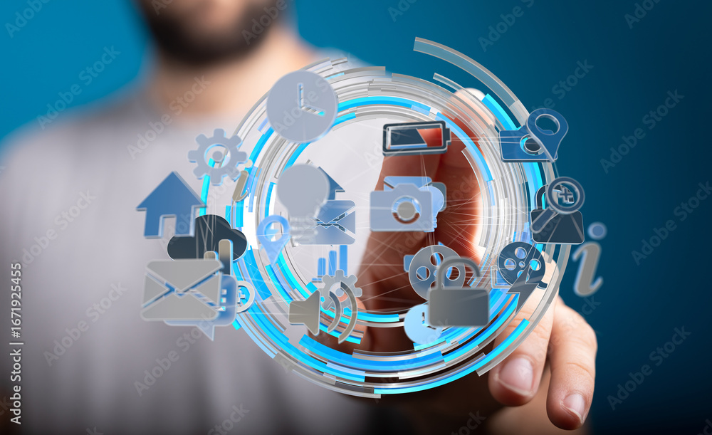 Poster close-up of a man's hand interacting with a digital interface showcasing various app icons.