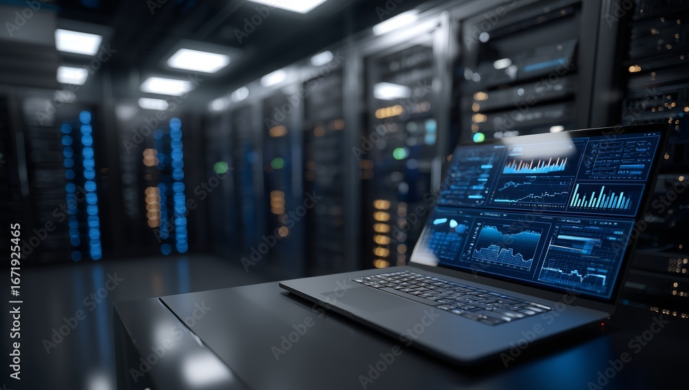 Poster laptop with data analysis in a server room