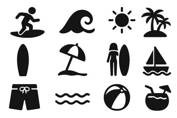 Beach and surfing solid icon set. Summer vacation and water sports symbols. Vector glyph collection with surfer, wave, sun, palm tree, sailboat, and surfboard icons.