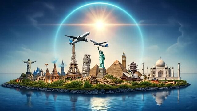 Embark on a global journey with iconic landmarks and airplanes soaring through the sky, capturing the essence of travel and adventure around the world