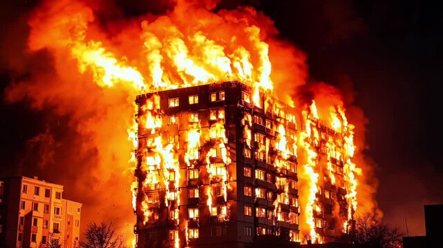 A tall building is engulfed by flames at night
