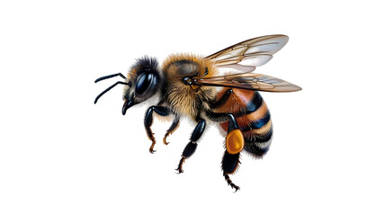 Detailed close up of a european honey bee with intricate wings and striped abdomen isolated on transparent background