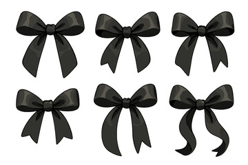 Various Black Ribbon Bows for Gifts and Decorations, Elegant and Versatile Vector Cartoon Illustrations Perfect for Celebrations, Packaging, Crafts, and Fashion Accessories