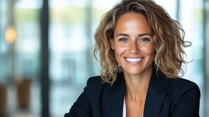 Fototapeta premium Smiling businesswoman in formal attire with curly hair, exuding confidence and professionalism