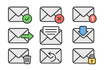 Various envelope icons representing different email actions and functions in a simple and clean cartoon style vector illustration with transparent background, ordered set of mail symbols