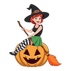 Cute Halloween Girl Witch Sitting on Pumpkin with Broomstick Vector Illustration