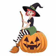 Cute Halloween Girl Witch Sitting on Pumpkin with Broomstick Vector Illustration