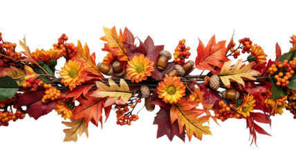 Vibrant autumn harvest garland featuring colorful fall leaves berries and chrysanthemum flowers isolated on transparent background