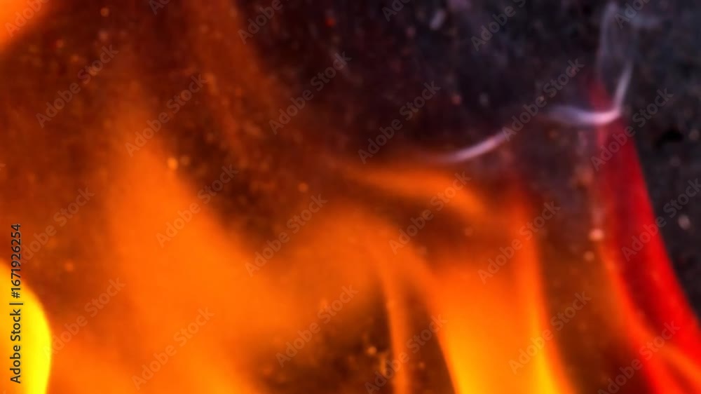 Poster intense orange and red flames with smoke emanating from burning fuel source on a dark background cre