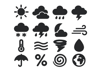 Weather and Climate Icons Set – Solid Filled Atmospheric and Environmental Symbols Vector Cartoon Illustration with Transparent Background, Ordered Collection of Meteorology and Nature Icons