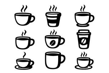 Various black and white coffee cup icons in grid layout, vector cartoon illustration, digital use, branding design elements, hot beverage symbols, coffee culture graphics