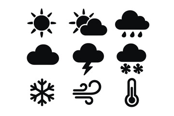 Weather silhouette icons set with solid flat design featuring seasonal and climate symbols, vector cartoon illustration with transparent background, ordered collection of weather icons