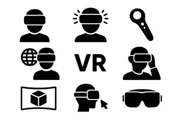Virtual reality solid icon set, immersive VR technology illustration collection with headset, 3D simulation and interaction vector cartoon design transparent background