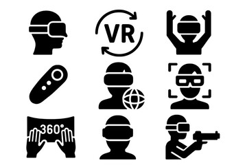 Virtual reality solid icon set, immersive technology symbols, VR headset, 360-degree experience, remote control, augmented reality glasses, digital interaction, futuristic tech collection
