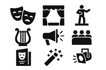 Theater and performing arts solid icon set, drama stage performance vector cartoon illustration, entertainment symbols, culture arts design elements with transparent background