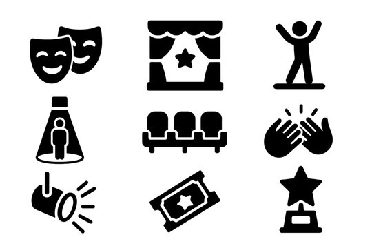 Theater and performing arts solid icon set with drama, stage, performance symbols in bold style, vector cartoon illustration, transparent background, entertainment and culture design elements