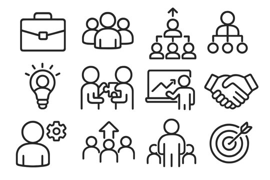 Minimalist Line Art Business and Teamwork Icons Set, Vector Cartoon Illustrations for Corporate Concepts, Collaboration, Leadership, Innovation, and Success in Transparent Background - Powered by Adobe