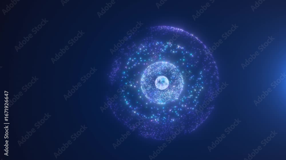 Poster glowing digital sphere surrounded by layers of sparkling particles in a deep blue space