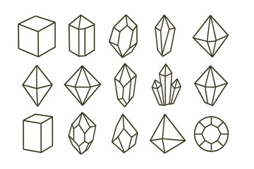 Collection of Various Geometric and Crystal Shapes Black Line Art for Design Inspiration, Vector Cartoon Illustration Set, Abstract Faceted Gems, Minerals, and Prisms