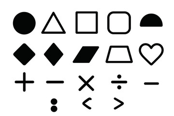Collection of Various Geometric Shapes and Mathematical Symbols in Minimalist Vector Style for Artistic, Educational, and Design Purposes with Transparent Background