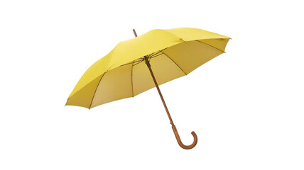 A bright yellow umbrella with a curved wooden handle is shown open and angled against a stark black background isolated on transparent background