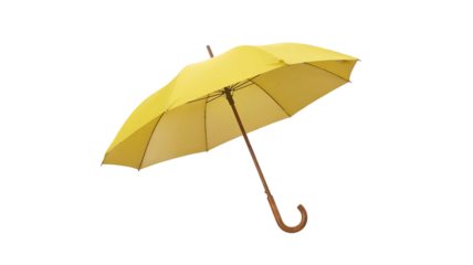 A bright yellow umbrella with a curved wooden handle is shown open and angled against a stark black background isolated on transparent background