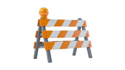 Orange and white striped construction barricade with flashing light on top isolated on transparent background