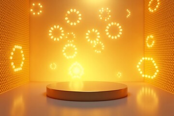 Illuminated podium with glowing abstract shapes in golden light