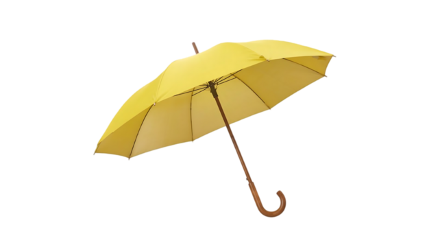 A bright yellow umbrella with a curved wooden handle is shown open and angled against a stark black background isolated on transparent background