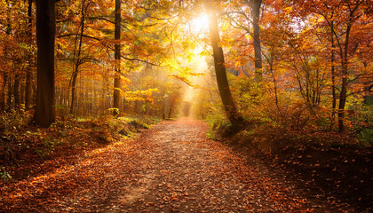 Obraz premium autumn forest pathway with warm sunlight and colorful foliage in tranquil nature setting