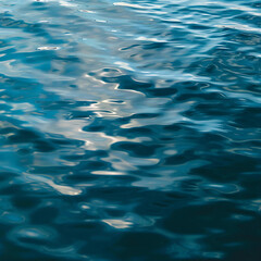 Calm water surface reflects light during midday at a serene lakeside location, generative ai