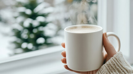 Warm cup of coffee held near window with snowy background, creating cozy atmosphere